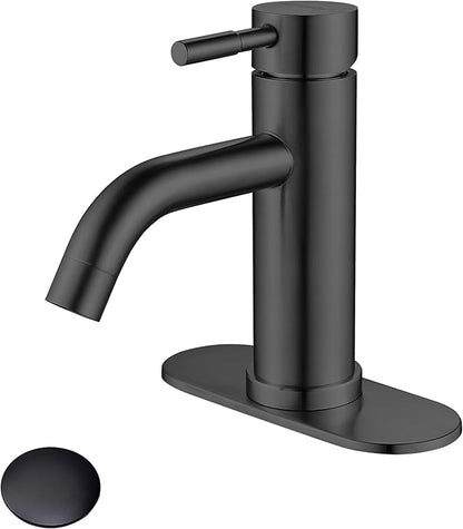 Single Hole Bathroom Sink Faucet Matte Black, Modern Single Handle Bathroom Faucet Commercial Stainless Steel Basin Faucet with Drain