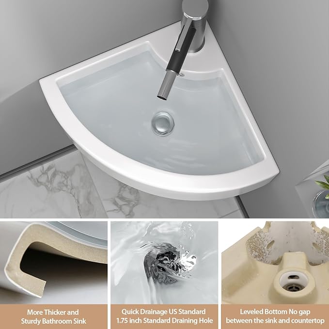 Lordear Wall Mount Corner Bathroom Sink 18 Inch White Ceramic Washing Basin Sector Wall Mount Sink for Small Bathrooms.