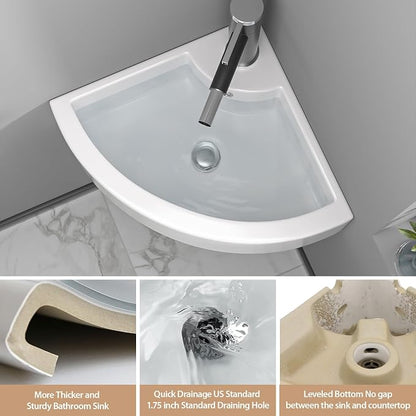 Lordear Wall Mount Corner Bathroom Sink 18 Inch White Ceramic Washing Basin Sector Wall Mount Sink for Small Bathrooms.