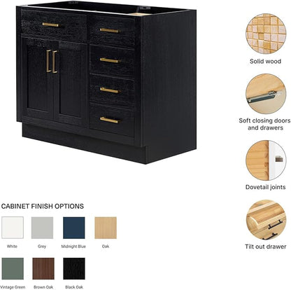 ARIEL Hepburn 42-inch Bathroom Vanity Base Cabinet,Solid Wood, 2 Soft Closing Doors, 5 Dovetail Drawers, Black Oak
