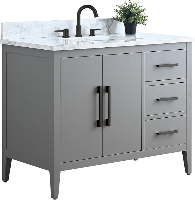 42 Inch Bathroom Vanity with Sink & Ceramic Top, Single Vanity Cabinet with Basin, Soft-Closing Doors & Matte Black Hardware, Grey