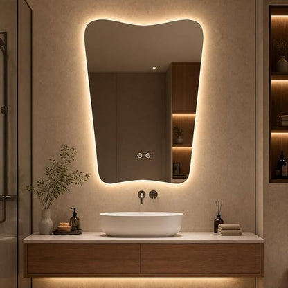 Irregular LED Bathroom Mirror, 24x36 Inch Asymmetrical Frameless Backlit Vanity Mirror with Anti-Fog, Dimmable 3-Color Lights, Tempered Glass, Touch Control, Vertical Wall Mounted