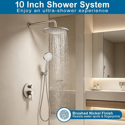 Shower Faucet Set Brushed Nickel 10 Inch Round Shower Head and Handle Set, Bathroom Rainfall Shower System, Wall Mounted Shower Fixtures, Include Shower Valve and Trim Kit