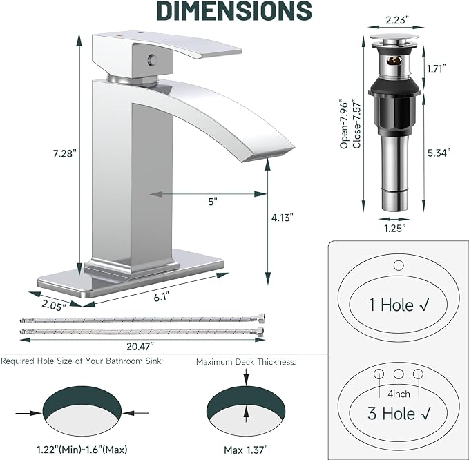 Chrome Waterfall Bathroom Faucet for 1 or 3 Holes, Brass | Single Handle Bathroom Sink Faucets for Lavatory Commercial Vanity, Basin Taps with Deck Plate, Pop Up Drain and Supply Line