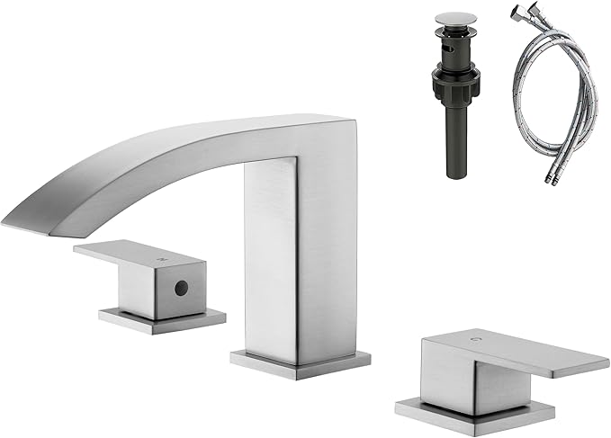 Waterfall Bathroom Faucets Brushed Nickel, 3 Hole Bathroom Sink Faucet, 8 inch Widespread Bathroom Sink Faucet with Pop Up Drain, 2 Handles Modern Vanity Faucet with Supply Lines