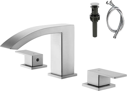 Waterfall Bathroom Faucets Brushed Nickel, 3 Hole Bathroom Sink Faucet, 8 inch Widespread Bathroom Sink Faucet with Pop Up Drain, 2 Handles Modern Vanity Faucet with Supply Lines