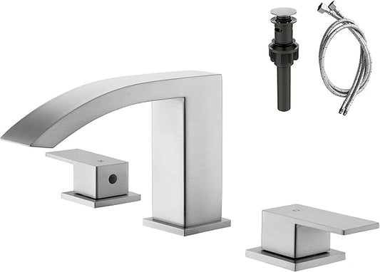 Waterfall Bathroom Faucets Brushed Nickel, 3 Hole Bathroom Sink Faucet, 8 inch Widespread Bathroom Sink Faucet with Pop Up Drain, 2 Handles Modern Vanity Faucet with Supply Lines