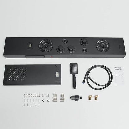 BWE Shower Panel Tower System Matte Black | LED Rainfall Waterfall Shower 6-Function Faucet 4 Mist Jets 2 Body Sprays with Handheld and Waterfall Tub Spout