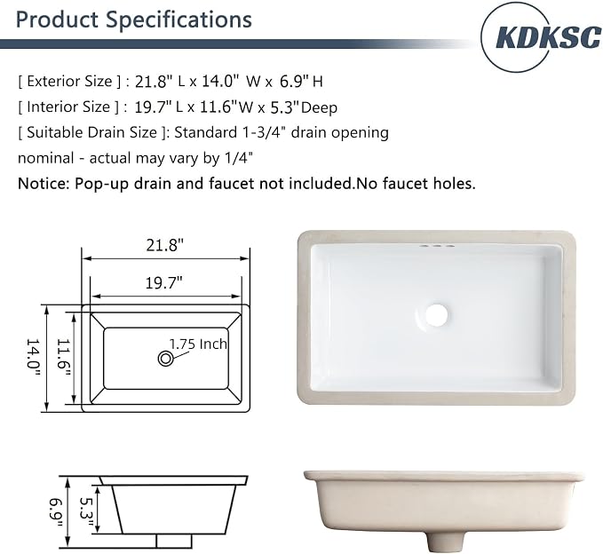 22 Inch Undermount Bathroom Sink Rectangular Undermount Sink White Ceramic Under Counter Bathroom Sinks with Flat Overflow Type (21.8"x 14")