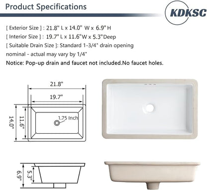 22 Inch Undermount Bathroom Sink Rectangular Undermount Sink White Ceramic Under Counter Bathroom Sinks with Flat Overflow Type (21.8"x 14")