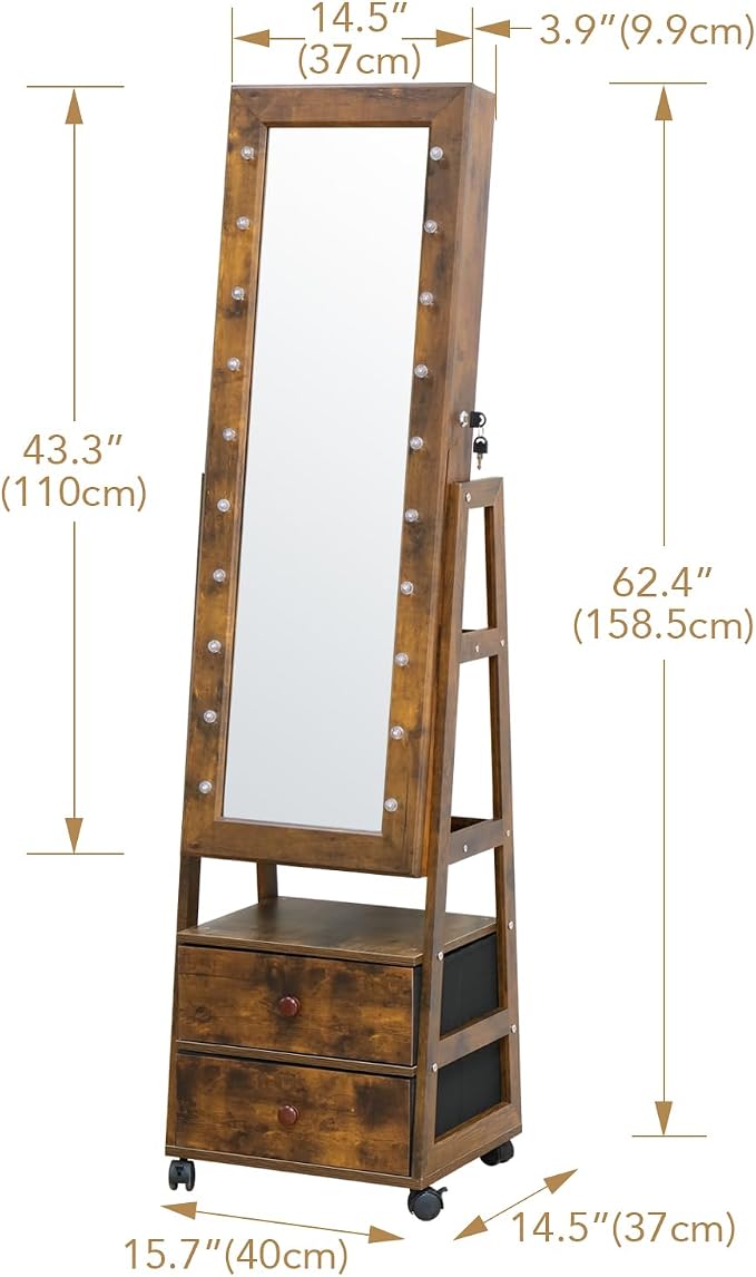 Full Length Mirror with Storage Shelves Jewelry Armoire Cabinet | Organizer Standing with 20 LED Lights Lockable and 2 Drawers (Rustic Brown) Adjustable Tilt Angles Gift for Her