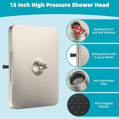 Hibbent cUPC Certified 5 Spray Modes Shower Head, 13'' High Pressure Large Rainfall Shower Head, High Flow Waterfall Bathroom Fixed Showerheads, Adjustable Swivel Ball Joint, Brushed Nickel
