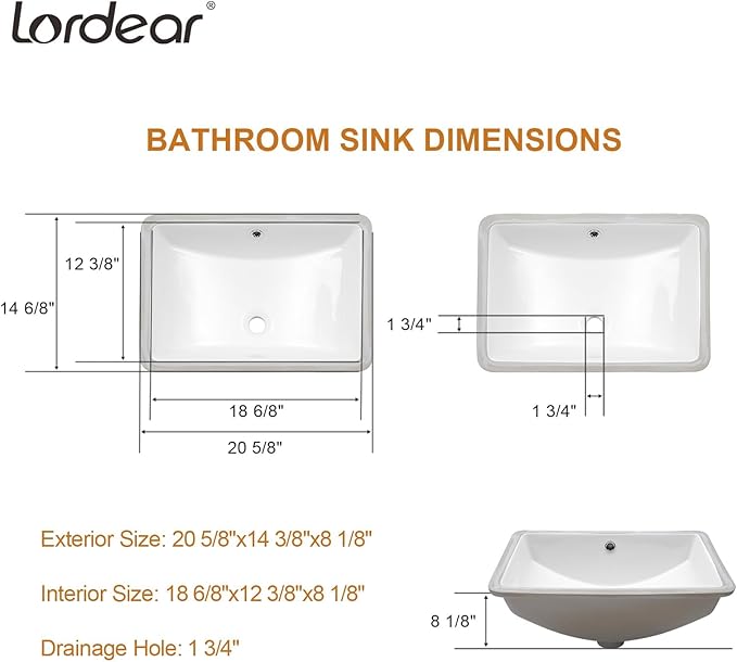Lordear Rectangular Undermount Bathroom Sink 21x14 inch White Rectangle Bathroom Sinks Undermount White Porcelain Ceramic Lavatory Bathroom Vanity Sink with Overflow