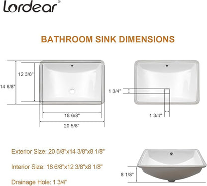 Lordear Rectangular Undermount Bathroom Sink 21x14 inch White Rectangle Bathroom Sinks Undermount White Porcelain Ceramic Lavatory Bathroom Vanity Sink with Overflow
