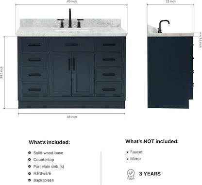 Isabella 48-Inch Bathroom Vanity with Sink — Midnight Blue Single Sink Bathroom Vanity, 1.5" Edge Italian Carrara Marble Top, Solid Wood, 2 Soft-Close Doors, 8 Dovetail Drawers + Tilt Drawer