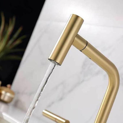 3 Hole Basin Faucets Pull Out Basin Mixer Faucet Brass 2 Mode Hot and Cold Water Double Handle Bathroom Mixer Faucet-Brushed Gold