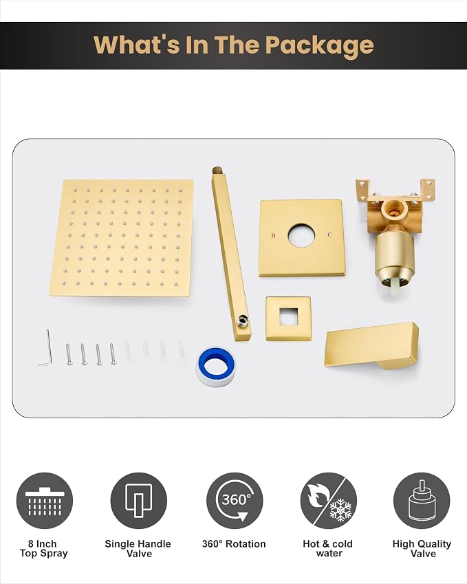 Airuida 8 Inch Brushed Gold Shower Faucet Set,Shower Valve Kit | Rainfall Shower Head and Handle Set,Female Thread Rough-in Valve Shower Kit,Single Function Shower System