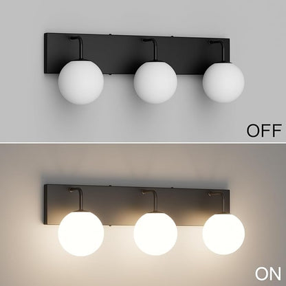 Tipace 3-Light Modern Black Bathroom Vanity Light Fixtures Over Mirror Mid Century Vanity Lights with Milk White Glass Globe Industrial Bath Lighting(Exclude Bulb)