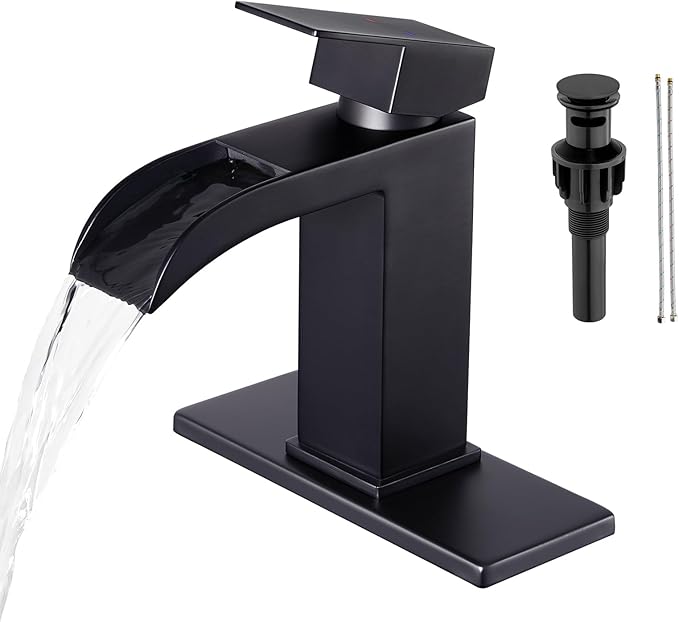 Faustina Black Waterfall Bathroom Faucet 1 Hole Single Handle,Wide Open Spout Waterfall Bathroom Faucet with Pop Up Drain,Stainless Steel Utility Sink Faucet Bathroom Vanity Faucet Basin Mixer Tap