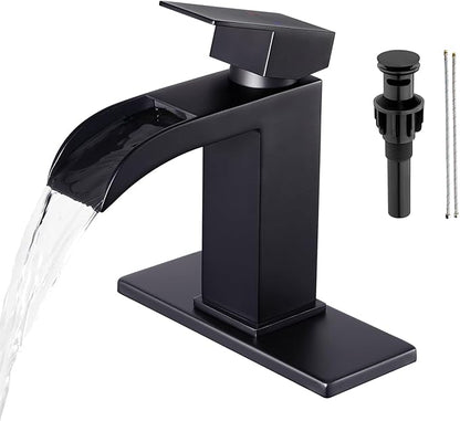 Faustina Black Waterfall Bathroom Faucet 1 Hole Single Handle,Wide Open Spout Waterfall Bathroom Faucet with Pop Up Drain,Stainless Steel Utility Sink Faucet Bathroom Vanity Faucet Basin Mixer Tap