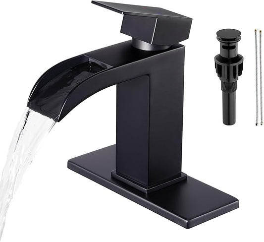 Faustina Black Waterfall Bathroom Faucet 1 Hole Single Handle,Wide Open Spout Waterfall Bathroom Faucet with Pop Up Drain,Stainless Steel Utility Sink Faucet Bathroom Vanity Faucet Basin Mixer Tap