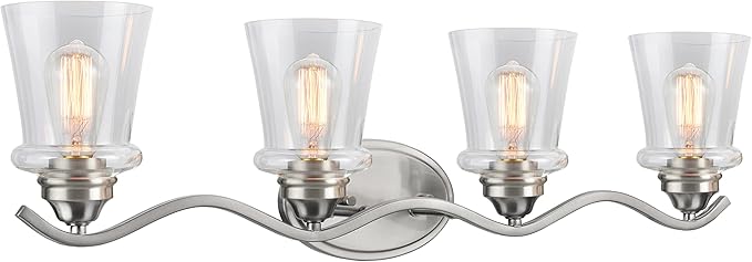 Aspen Creative 62118-1, Four-Light Metal Bathroom Vanity Wall Light Fixture, 33" Wide, Transitional Design in Satin Nickel with Clear Glass Shade
