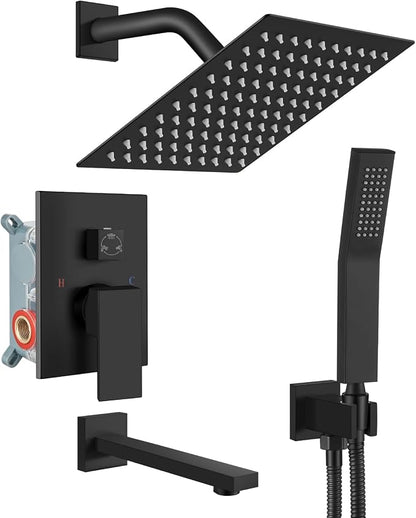 gotonovo Bathtub Shower Faucet Set, 8 Inch Shower Head, Matte Black | Wall Mounted Shower System with Tub Spout for Bathroom, Square High Pressure Rain Shower head with Handheld Spray, All Metal