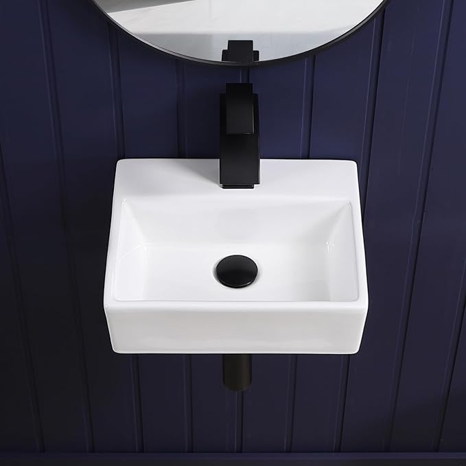 Wall Mount Bathroom Vessel Sink 15"x12" Rectangular Floating White Porcelain Ceramic Wall Hung Vanity Basin Sink for Home,RV,Bathroom