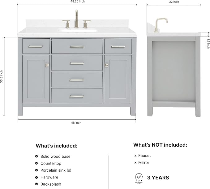 Alenza 48" Grey Bathroom Vanity with Sink, 1.5" Carrara Quartz Countertop, Single Rectangular Undermount Sink, 2 Soft-Closing Doors, 5 Full Extension Dovetail Drawers