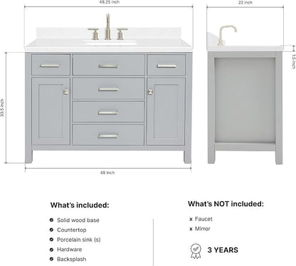 Alenza 48" Grey Bathroom Vanity with Sink, 1.5" Carrara Quartz Countertop, Single Rectangular Undermount Sink, 2 Soft-Closing Doors, 5 Full Extension Dovetail Drawers