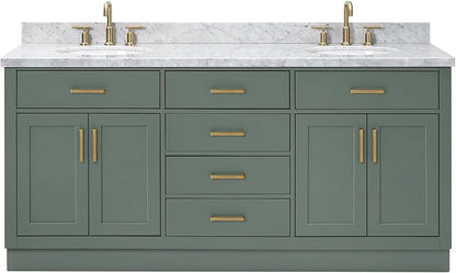 ARIEL Hepburn 72-inch Bathroom Vanity with Sink,Solid Wood, 1.5-inch Italian Carrara Marble Countertop, Double Oval Porcelain Sink, 4 Soft Closing Doors, 6 Dovetail Drawers, Vintage Green
