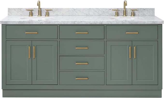 ARIEL Hepburn 72-inch Bathroom Vanity with Sink,Solid Wood, 1.5-inch Italian Carrara Marble Countertop, Double Oval Porcelain Sink, 4 Soft Closing Doors, 6 Dovetail Drawers, Vintage Green