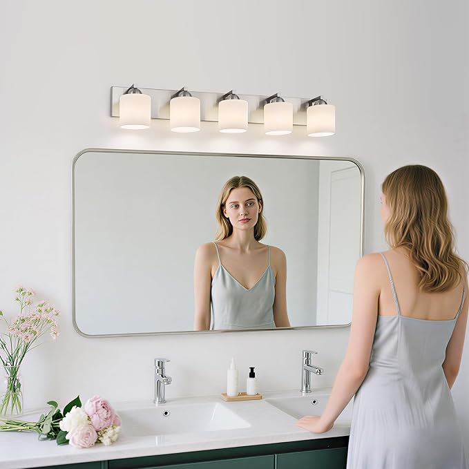 mirrea 5-Light Brushed Nickel Bathroom Vanity Light with White Glass Shades | Over Mirror,Wall Sconce,ETL listed,Bathroom Lighting Fixtures,Elegant Design,Milk White Glass Shade,Easy Installation