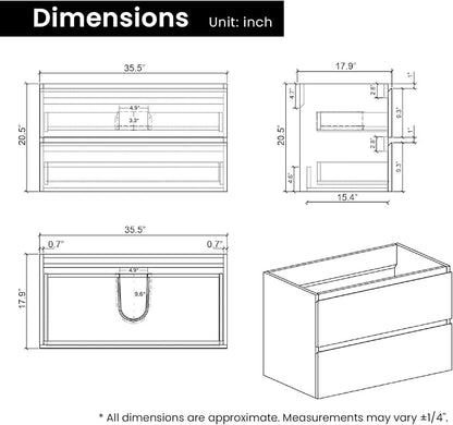 36" Bathroom Vanity with Sink, Modern Floating Vanity with Double Soft-Closing Drawers, Large Storage for Small Space, Glossy White, Fully Assembled - Iris Collection