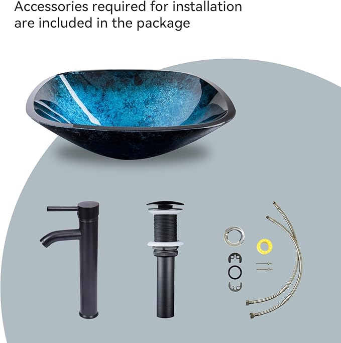 Artistic Square Bathroom Sink Blue Tempered Glass Vessel Sink Combo with Faucet 1.5 GPM and Pop up Drain Bathroom Bowl