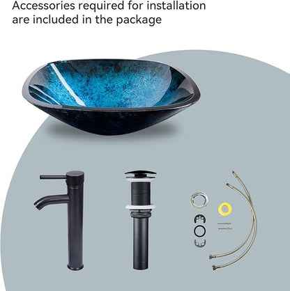 Artistic Square Bathroom Sink Blue Tempered Glass Vessel Sink Combo with Faucet 1.5 GPM and Pop up Drain Bathroom Bowl