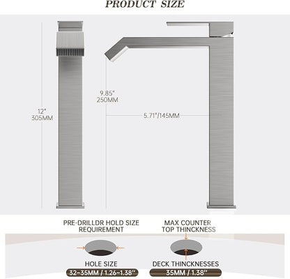 Brushed Nickle Single Hole Tall Above Counter Sink Bathroom Faucet,Single Handle Bathroom Vessel Faucet with Waterfall and Pop Up Drain Without Overflow,FH05-BN-V-VINE