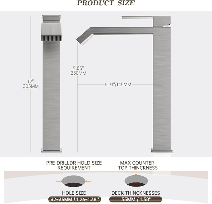 Brushed Nickle Single Hole Above Counter Sink Bathroom Faucet,Single Handle Square Tall Bathroom Vessel Faucet with Waterfall and Pop Up Drain Without Overflow,FH05-BN-V