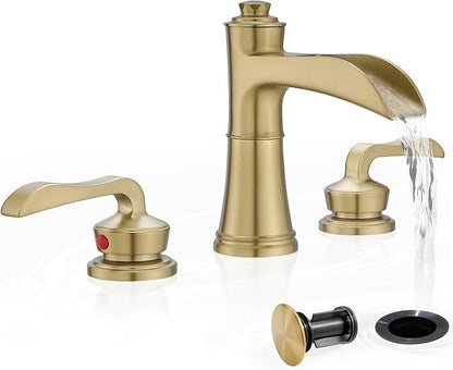 Brushed Gold 3 Hole Bathroom Faucet, 4-16 Inch Widespread Waterfall Faucet for Bathroom Sink with Pop-up Drain, Supply Water Hose and 2 Handle for Vanity, Brass