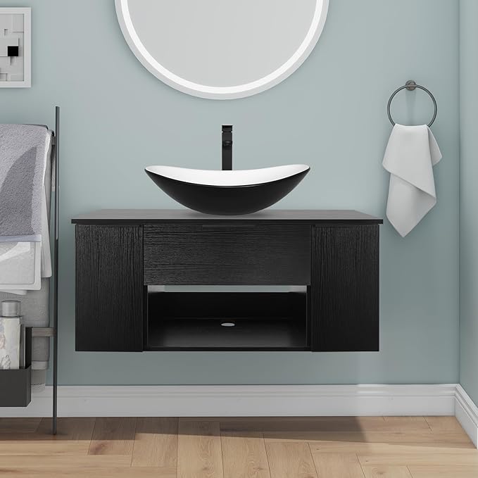 36 Inch Black Floating Bathroom Vanity with 2-Doors and 1-Drawer, Modern Wall Mounted Cabinet with Black and White Boat Ceramic Vessel Sink