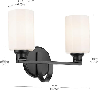 Kichler Gioe 14.25" 2-Light Vanity Light with Opal Glass in Black, Damp Rated, for Bathroom, Powder Room, Over a Mirror, (14.25" W x 10.5" H), 55225BK