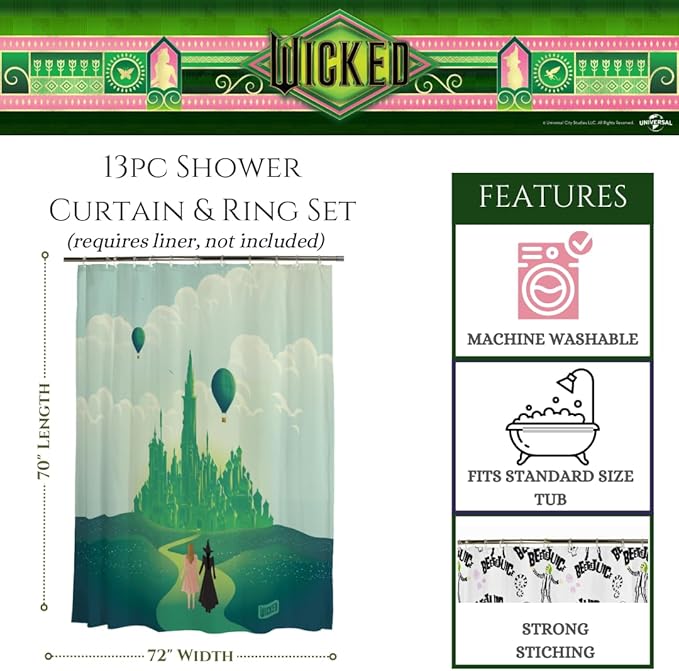 Wicked Elphaba & Glinda 13-Piece Shower Curtain Set, 72 x 72 Inch Fabric Curtain with Hooks, Bathroom Decor, Machine Washable, (100% Officially Licensed Product) by Franco Collectibles
