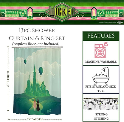 Wicked Elphaba & Glinda 13-Piece Shower Curtain Set, 72 x 72 Inch Fabric Curtain with Hooks, Bathroom Decor, Machine Washable, (100% Officially Licensed Product) by Franco Collectibles