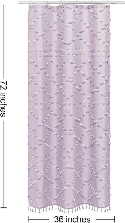Lavender Boho Fabric Shower Curtain with Tassel 36x72, Tufted Textured | Modern Farmhouse Curtain for Bathroom, Stall Bathroom Curtain, Minimalist Decor, Waterproof