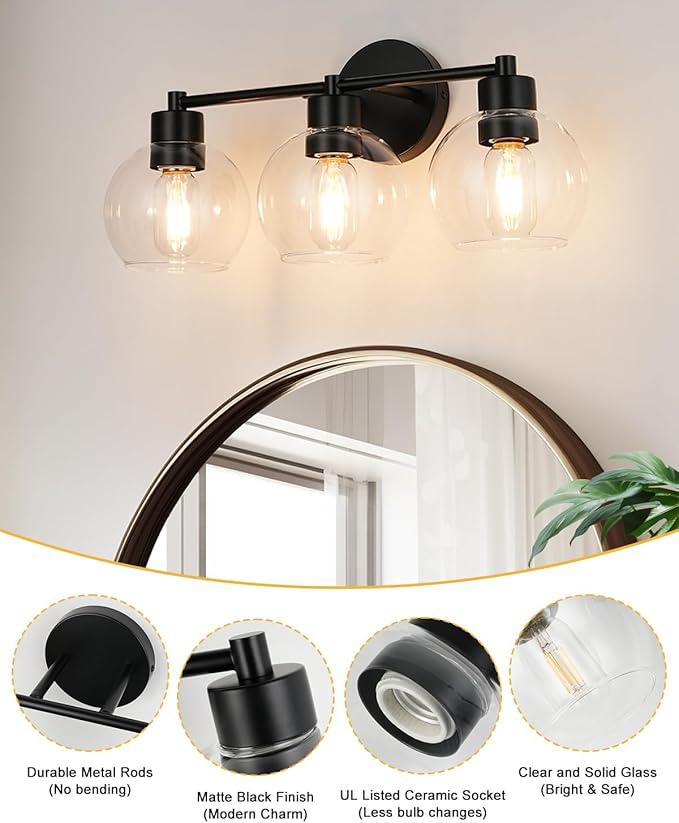 WILON Black Bathroom Light Fixtures Over Mirror, 3-Light Bathroom Vanity Light with Clear Glass Shades, Farmhouse Bath Sconce Wall Lamp with E26 Base, Wall Sconces for Bedroom, Hallway