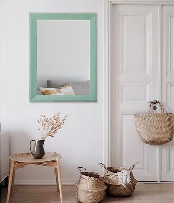 AAZZKANG Wood Framed Mirror Rectangle Modern Farmhouse Wall Mirrors Decor Large 26"x18" for Bedroom Living Room Bathroom Green