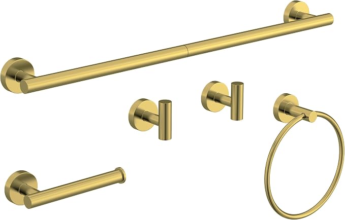 5 Pcs Brushed Gold Bathroom Accessories Hardware Set SUS304 Stainless Steel | 26 Inch Towel Rack and Toilet Paper Holder Set Bath Towel Bar Set Wall Mounted for Bathroom Kitchen by HOMEMYSTIQUE