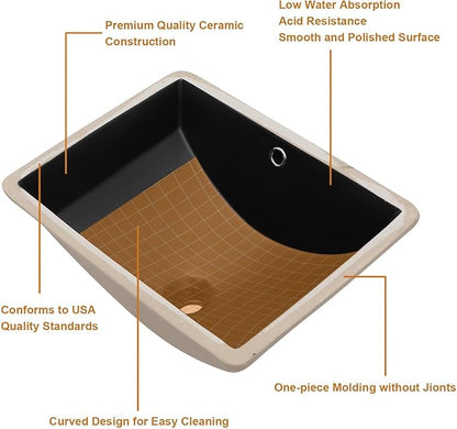 Lordear Undermount Bathroom Sink 18x14 Inch Black Rectangle Porcelain Ceramic Bathroom Sinks Deep Basin with Overflow Lavatory Vanity Sink Mounted Under