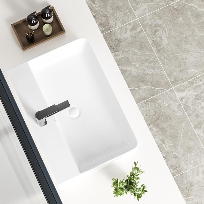 24" White Rectangular Ceramic Vessel Sink Bath Wall Mount/Above Counter | KINGWONG High-temp porcelain resists stains & thermal shock. Overflow hole. Easy Clean Glossy Finish for Master Bathroom