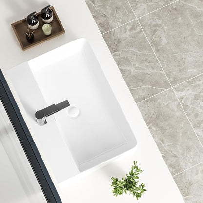 24" White Rectangular Ceramic Vessel Sink Bath Wall Mount/Above Counter | KINGWONG High-temp porcelain resists stains & thermal shock. Overflow hole. Easy Clean Glossy Finish for Master Bathroom